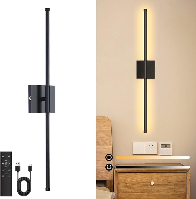 Wall Sconces Battery Operated, Wall Sconces 3000K-6000K Dimmable Rechargeable Wall Sconce with Remote Control, 350°Rotate LED Wireless Wall Lights for Living Room, Hallway, Bedroom(Black) - Bloomnest