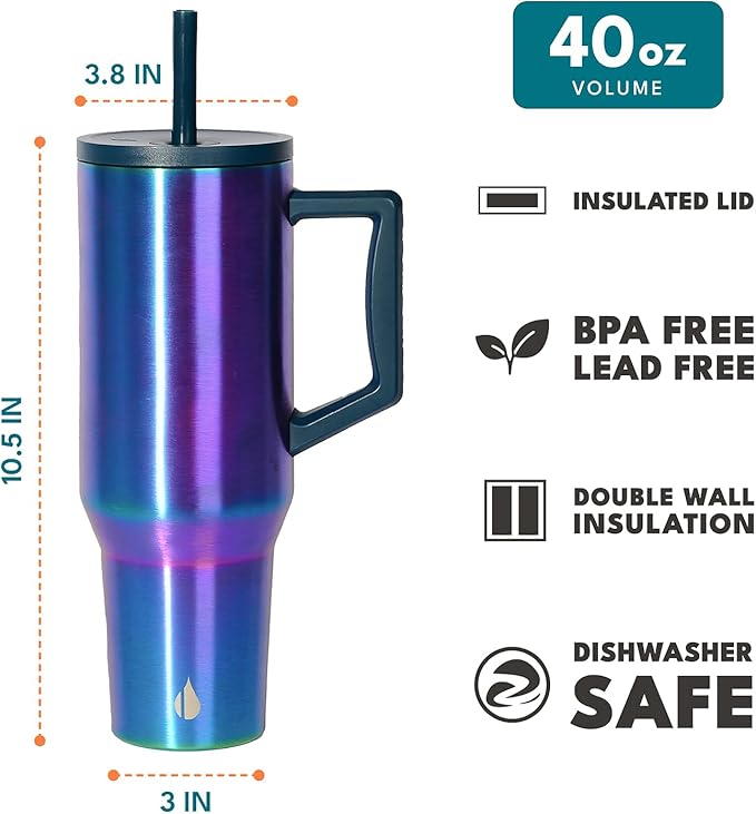 Elemental 40 oz Tumbler with Handle and Straw - Spill Proof Insulated Stainless Steel Commuter for Hot and Cold Beverages - Travel Coffee Mug with 2 Straws & Spill Proof Lid - 40oz - Iridescent - Bloomnest