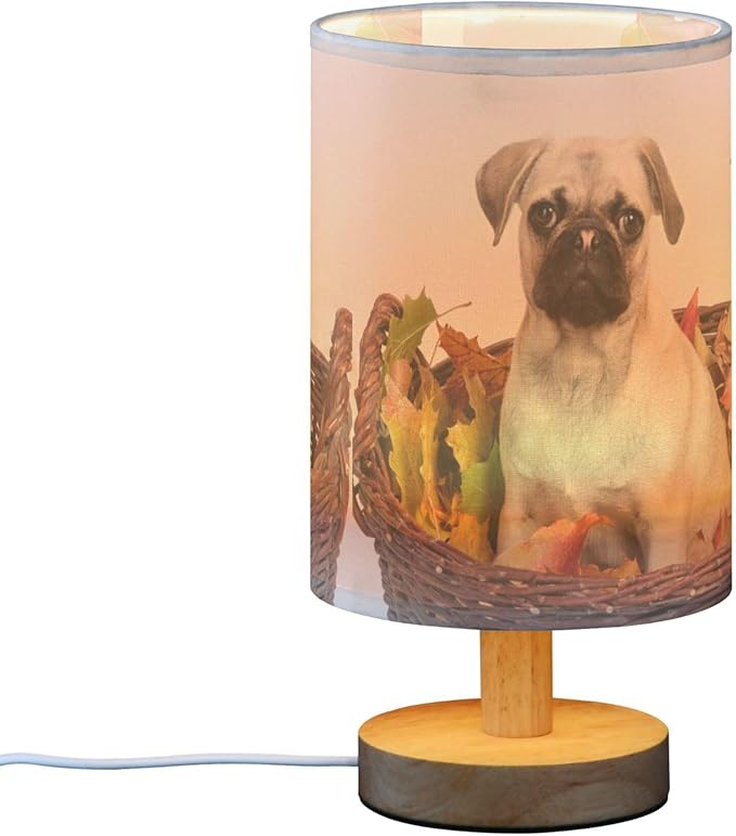 Table Lamp Pug Puppy Autumn Maple Leaf Nightstand Lamp with Wood Base Fabric Lamp Shade Bedside Desk Lamp for Living Room Bedroom Kids Room Office - Bloomnest