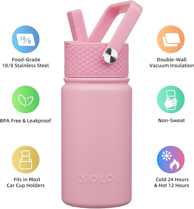 BJPKPK Insulated Water Bottle with Straw Lid, 15oz Cute Water Bottles, Stainless Steel Metal Thermo, Reusable BPA Free Leak Proof Tumblers, Cups,Pink - Bloomnest