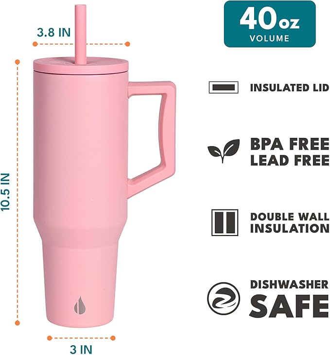 Elemental 40 oz Tumbler with Handle and Straw - Spill Proof Insulated Stainless Steel Commuter for Hot and Cold Beverages - Travel Coffee Mug with 2 Straws & Spill Proof Lid - 40oz - Rose - Bloomnest