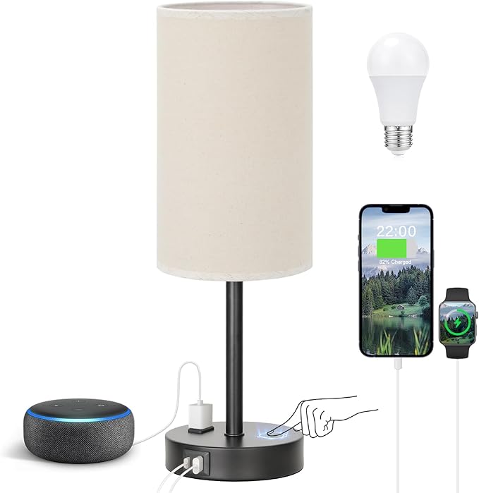 Fenmzee Touch Table Lamp - Beige, 3-Way Dimmable, USB A + C Charging, AC Outlet, 17.4inch Medium, Black Metal Base - Bloomnest