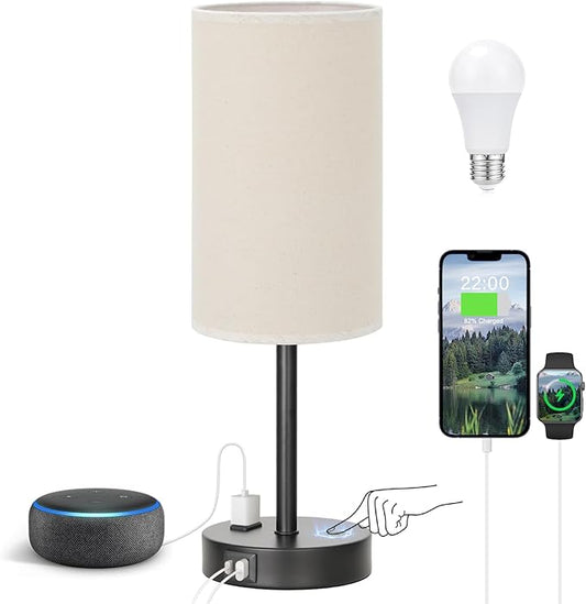 Fenmzee Touch Table Lamp - Beige, 3-Way Dimmable, USB A + C Charging, AC Outlet, 17.4inch Medium, Black Metal Base - Bloomnest