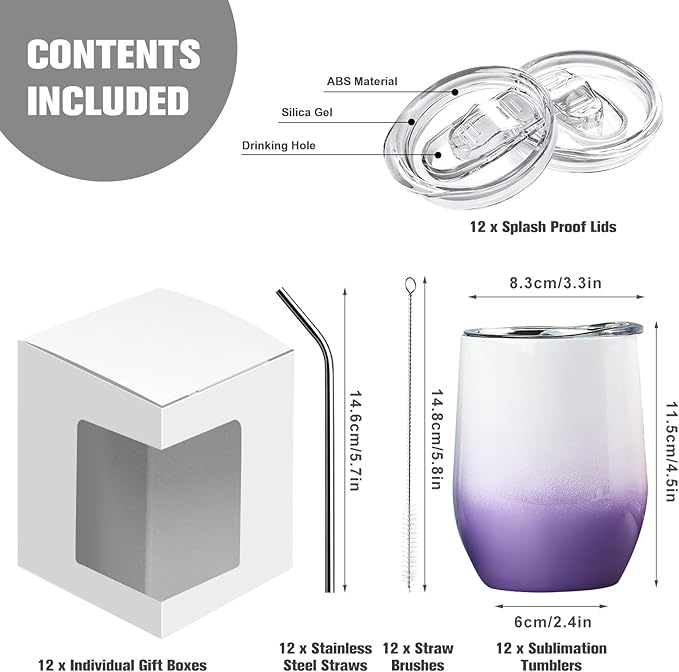 BetterSub Double Wall Gradient Color Wine Tumblers 12oz, Stainless Steel Sublimation Blanks, with Lid, Straw, & Display Box - 12 Pack - Bloomnest