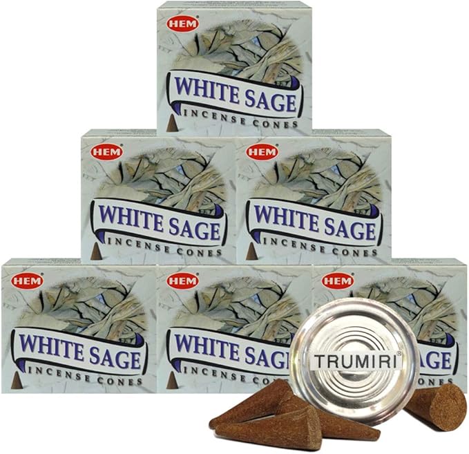TRUMIRI Incense Cone Holder Bundle with Hem White Sage Incense Cones - Pack of 6 (Approx 60 Cones) TRUMIRI