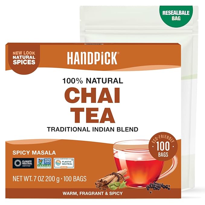 HANDPICK Masala Chai Tea Bags (100 Count) Strong Robust & Aromatic, Blended with Exotic Spices, Cinnamon, Black Pepper, Cloves & Cardamom - Premium Quality Eco-conscious Round Bags - Bloomnest