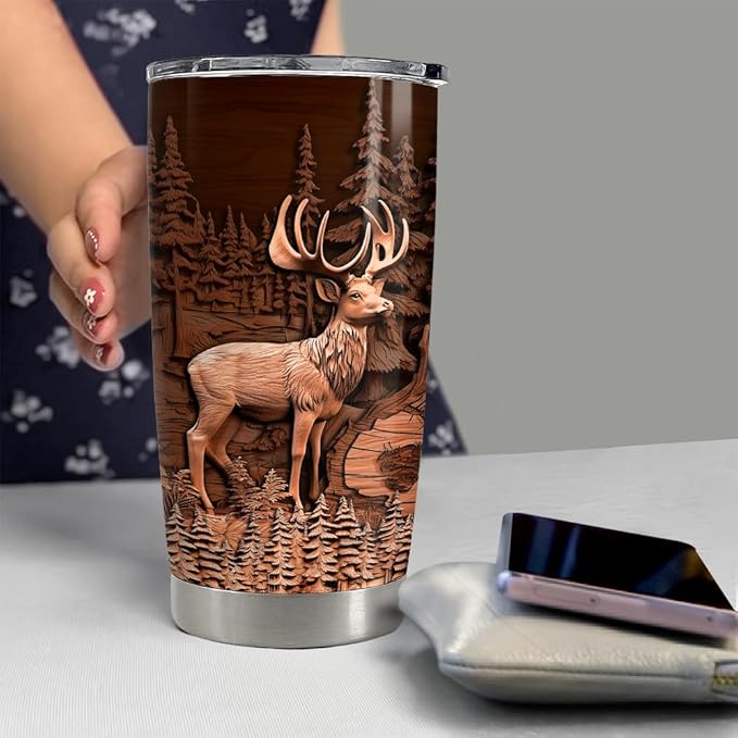 SANDJEST Deer Tumbler 20oz Stainless Steel Insulated Tumblers Coffee Travel Mug Cup Deer Gifts for Men Gift for Birthday Christmas - Bloomnest