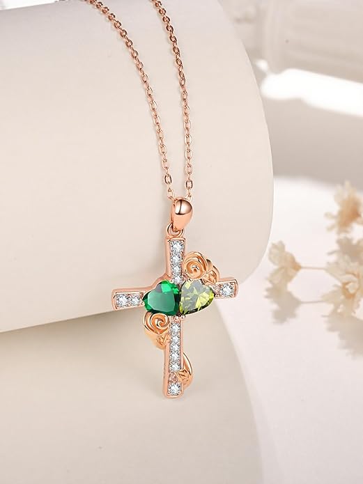 Rose Gold Dual Birthstones Cross Necklace for Women Rose Flower Jewelry Anniversary Christmas Mother's Valentine's Day Birthday Gift for Wife Girlfriend Mom - Bloomnest