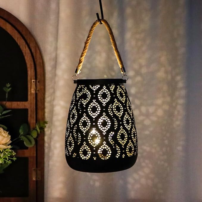 TRIROCKS Moroccan Style Metal Lamp 8''H Battery Operated Cordless Table Lamp Vintage Lantern for Living Room Garden Yard Patio Parties Event Indoors Outdoors (Black with Gold Brush) - Bloomnest