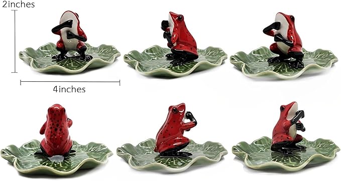 2" Red Black Frog On 4" Wide Lotus Leaf Ceramic Incense Stick Holder Artistic Collectible Figurine for Adult Collectors Interior Accent Gift Handcrafted Porcelain Home Room Decor - Bloomnest