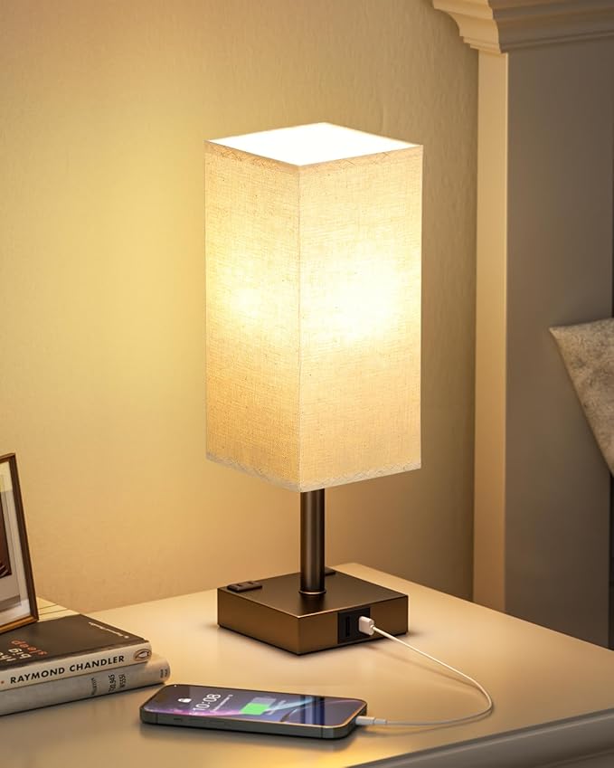 Brown Touch Table Lamp - Bedside Lamp with USB A + Type C Charging Ports and Two AC Outlets, Small Night Stand with E26 LED Bulb, Desk Light for Bedroom Living Room Office Dorm - Bloomnest