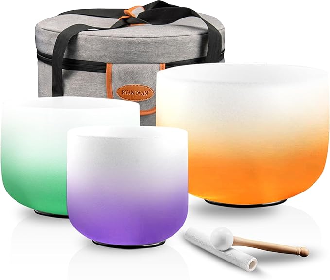 7-11 Inch Set of 3 Gradient Design Quartz Crystal Singing Bowl Chakra Set with Free Carrying Case and Suede Sticker & O-ring - Bloomnest