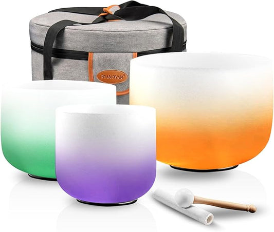 7-11 Inch Set of 3 Gradient Design Quartz Crystal Singing Bowl Chakra Set with Free Carrying Case and Suede Sticker & O-ring - Bloomnest