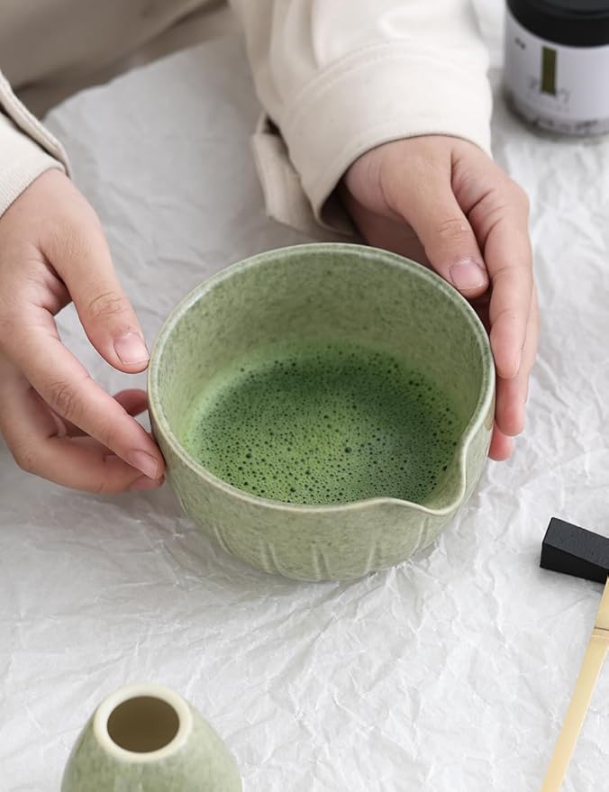 TANG PIN Matcha Set - Match Bowl with Spout and Whisk, 15 OZ, Matcha Scoop | Matcha Whisk Stand (Chasen Holder) - 4pc Perfect Matcha Kit for Matcha Tea Ceremony (Mottled Green) - Bloomnest