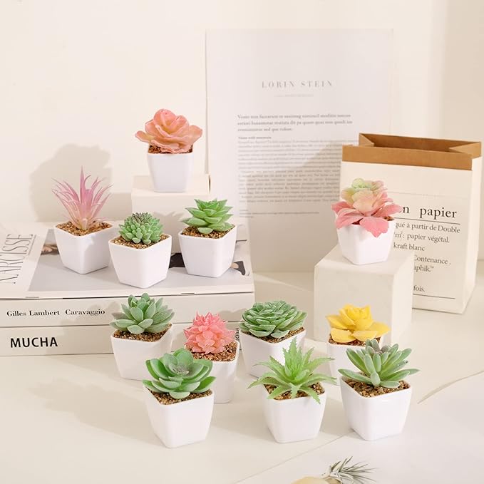 Tiita 24 Set Artificial Faux Succulents in Pots Fake Plants Plastic Arrangement Planter Small Mini Tiny Decoration for Home Office Desk Window Sill Bathroom Bedroom Outdoor Indoor - Bloomnest
