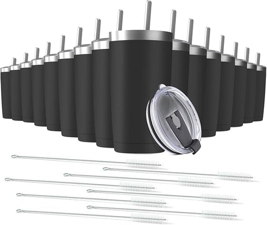 16 pack 20 oz Stainless Steel Insulated Tumbler with Straw and Lid, Double Wall Travel Coffee Mug Vacuum Insulated Bulk Tumbler, Suitable for Vehicle Cup Holders （Black）