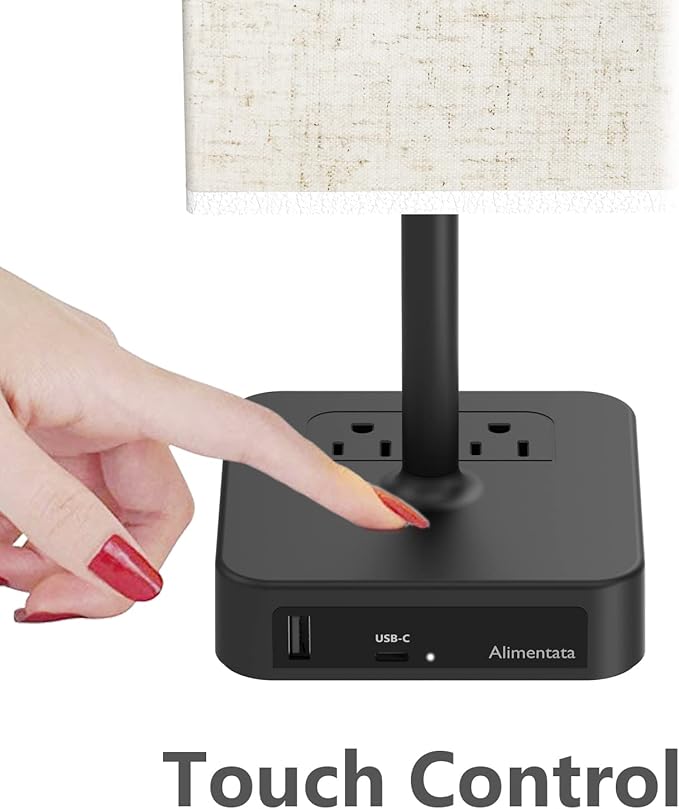 Touch Control Bedside Table Lamp with USB C & USB A Charging Port and 2 AC Outlet, Minimalist LED Desk Light with Charger Base Brown Fabric Shade for Bedroom/Nightstand/Office - Bloomnest