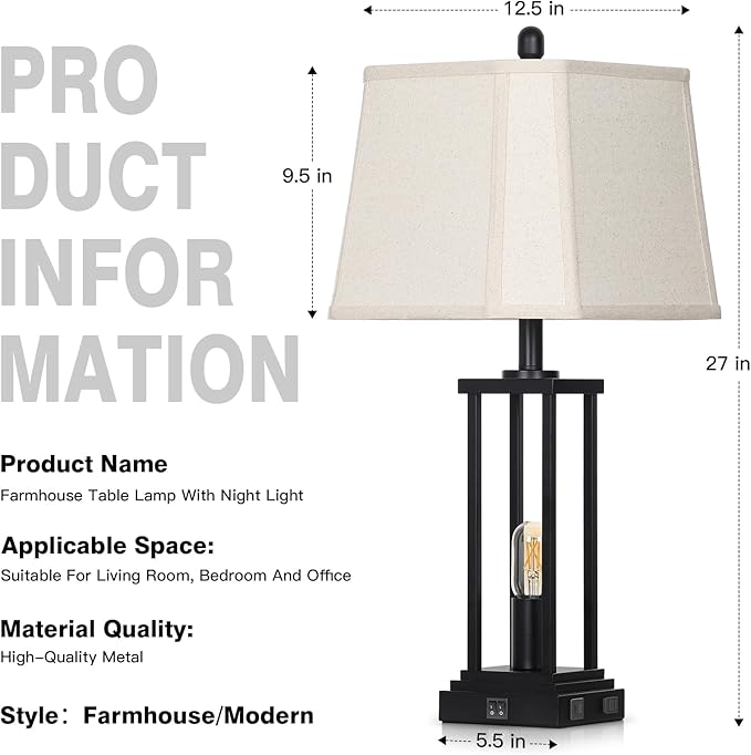 27" Tall Farmhouse Table Lamps with Bell Lampshade, Black Industrial Living Room Lamps Set of 2 with Night Light, Rustic Bedside Lamp with USB C+A Port & AC Outlet, Vintage Bedroom Lamp for Nightstand - Bloomnest