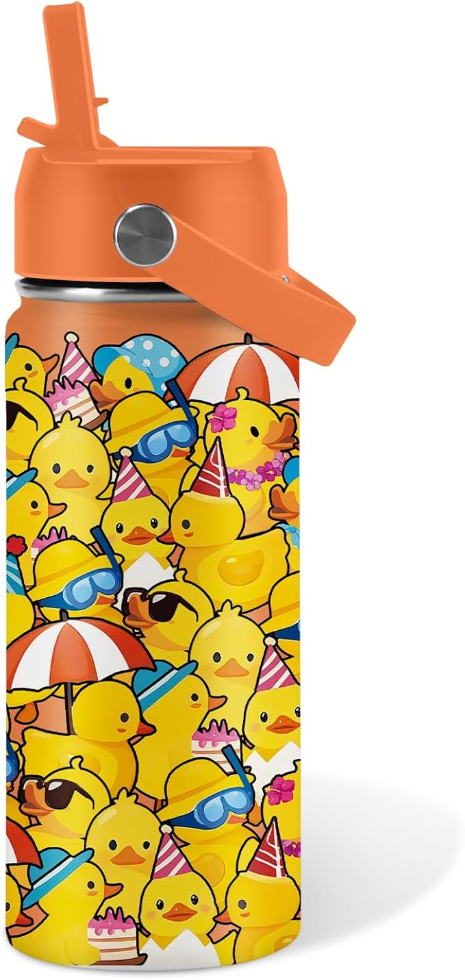 Duck Gifts for Boy Girls - 16oz Kids Water Bottle with Straw, Rubber Duck Stainless Steel Water Bottles Insulated, BPA-free, Leak-proof, Cute Cartoon Tumbler for School, Travel, Children Gift Cup(1pc) - Bloomnest