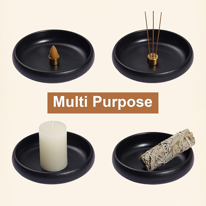 Incense Holder for Sticks, Sage, Coil Incense, Incense Stick Holder 5.71" for Yoga Meditation Energy Cleansing, Ceramic Incense Burner Holder with 9 Holes, Ash Catcher, Smudge Bowl (Black) - Bloomnest