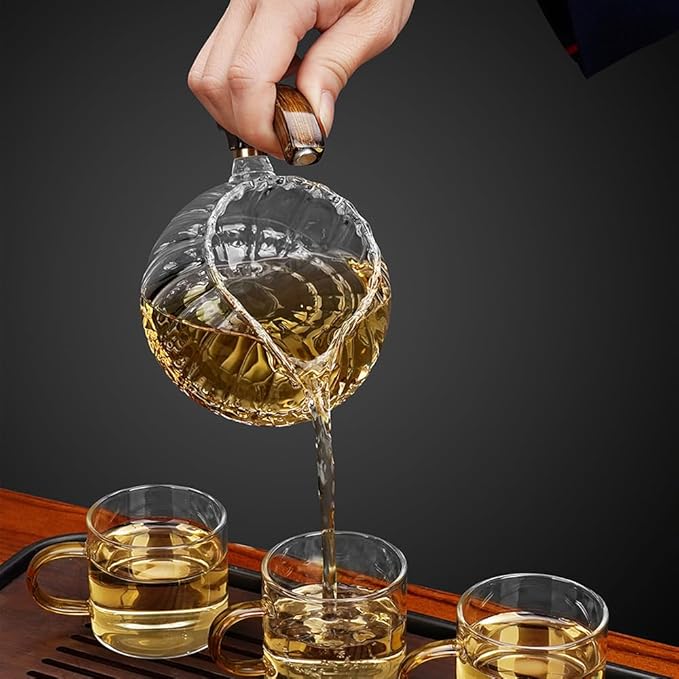 Lazy Kungfu Drip TeaPot, Heat Resistant Tea Set, Semi-Automatic Glass Teapot Suit for Magnetic Water Flow Wooden Glass Teapot Set with Cups (Red Maiden)