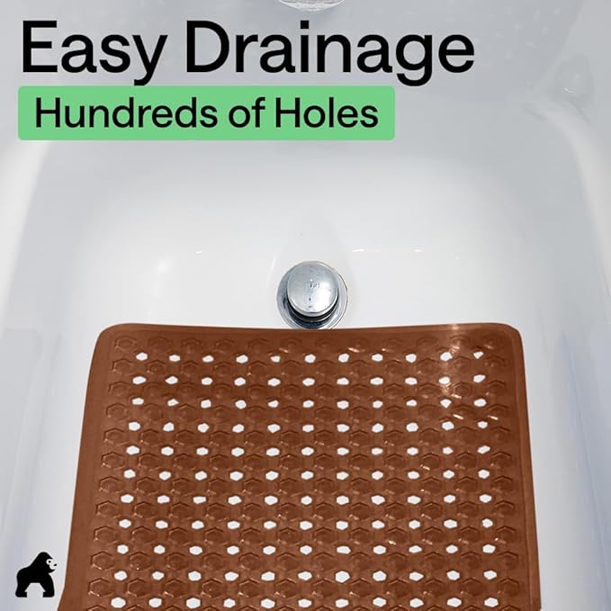 GORILLA GRIP Patented Bath Tub Shower Mat, Machine Washable Bathtub Floor Liner Mats, Suction Cups and Drain Holes to Keep Tubs Clean, Soft on Feet, Bathroom Essentials, 35x16 Inch, Brown - Bloomnest