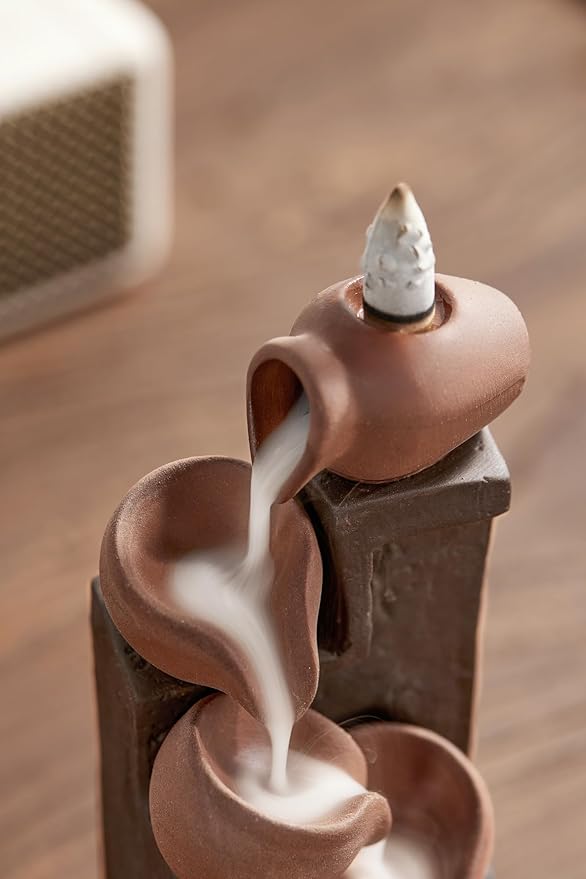 Unique Cascading Basins Ceramic Waterfall Incense Holder, Paired with a Pack of Backflow Incense Cones. (Primary) - Bloomnest