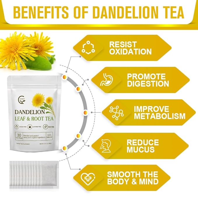 Organic Dandelion Leaf & Root Tea, Supports Kidney Function and Healthy Digestion, Caffeine Free, 30 Tea Bags - Bloomnest
