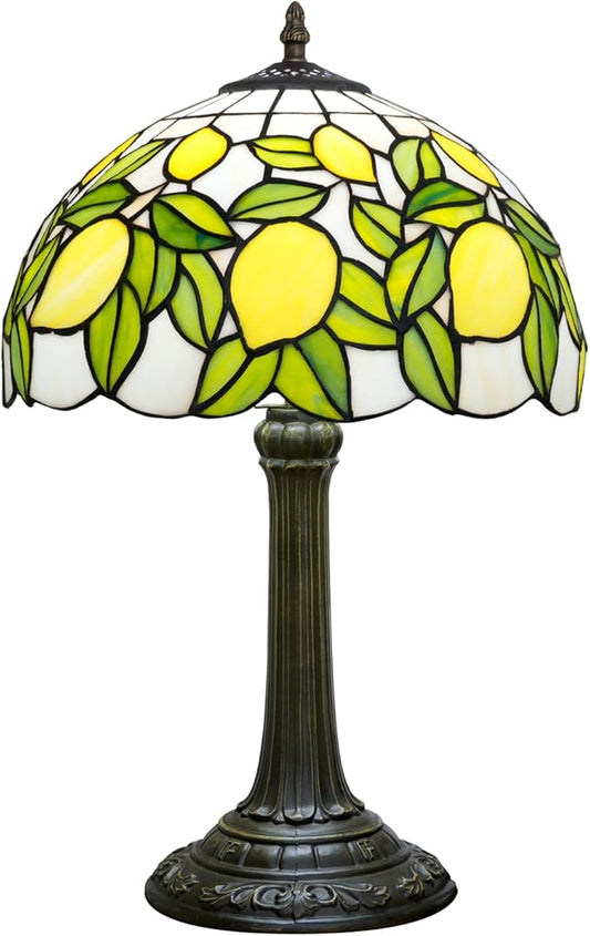 Tiffany Lamp Yellow Lemon Green Leaves Stained Glass Table Lamp Vintage Bedroom Desk Light for Home Dorm Office Art Craft Antique Decor Accent Aesthetic Nightstand Reading Light - Bloomnest