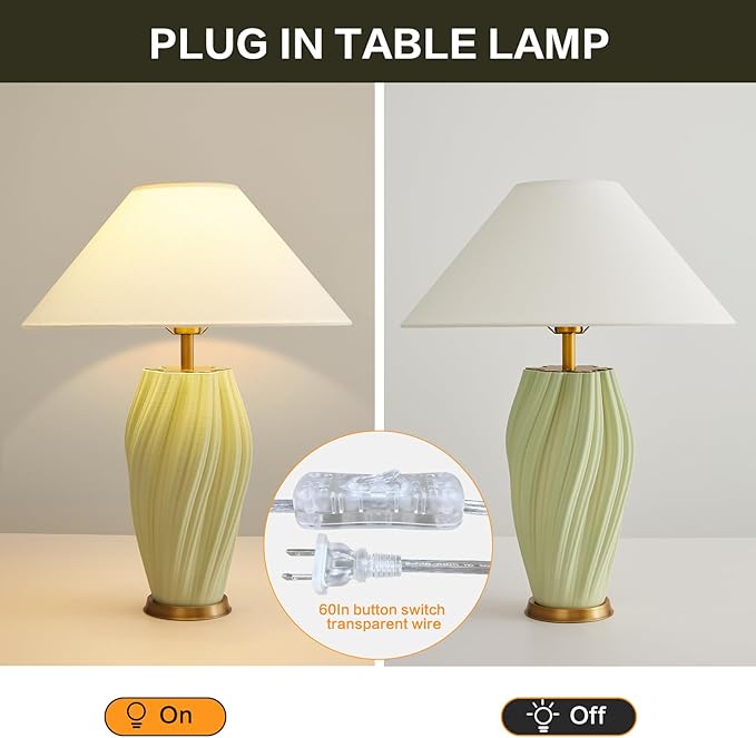 Modern E26 Ceramic Table Lamps 20.5", Sage Green Plug in Table Lamp Funky Decor for Living Room Desk End Bedroom Bedside Room Office - Bloomnest