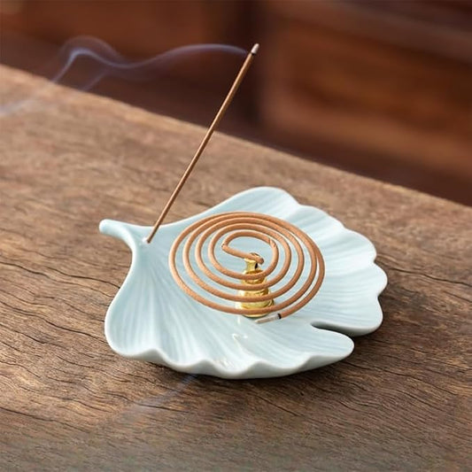 2-Style Ceramic Incense Burner, Bodhi&Ginkgo Leaf Design, Ceramic Incense Holder for Sticks with Ash Catcher&Built-in Stand, Zen Meaning Decor for Home, Office&Yoga/Sage/Cone(Brown and White) - Bloomnest