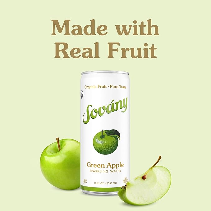 Sovány Flavored Sparkling Water, Variety Pack, Seltzer Water Drinks, USDA Organic, Made With Real Fruit, Non-GMO, Vegan, No Added Sugar, Low Calorie, Tangerine, Raspberry & Green Apple, 12 fl oz, 12 Pack - Bloomnest