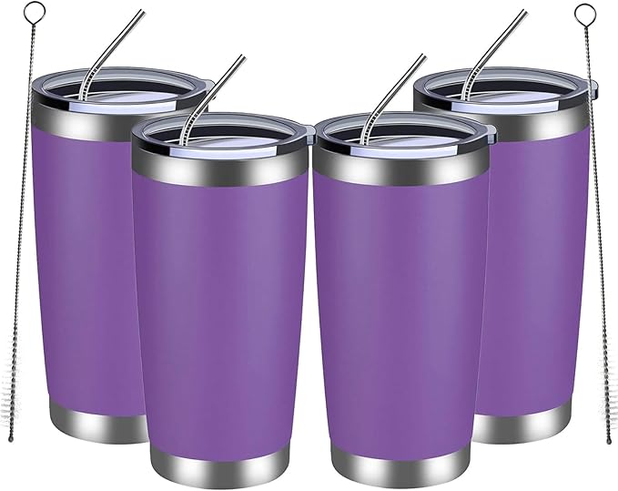 MEWAY 20oz Tumbler 4 Pack Double Wall Vacuum Insulated Travel Mug Bulk, Stainless Steel Tumblers with Lid and Straw, Durable Powder Coated Coffee Cups for Cold & Hot Drinks (Purple, 4) - Bloomnest