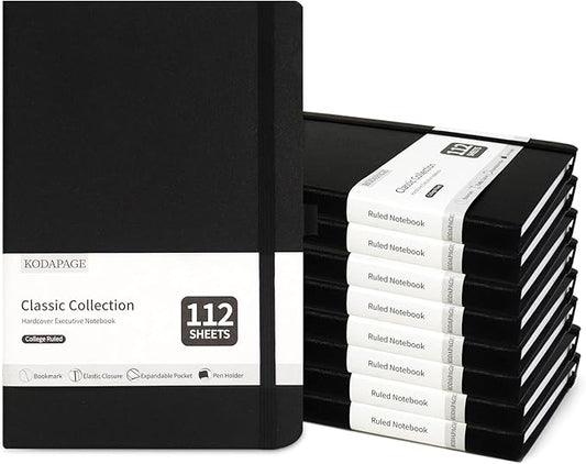Black A5 Liend Journal Notebook, 7mm College Ruled Notepad, Journaling for Writing, Work, School, Travel and Note Taking, Hardcover 224 Pages (112 Sheets) 5.5 x 8.3 inches (8 Pack) - Bloomnest
