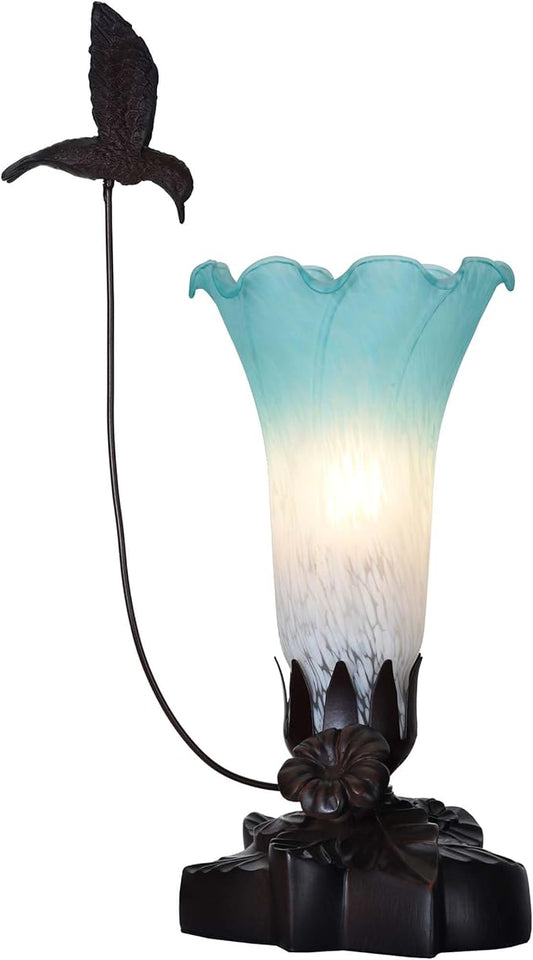 Bieye LL08 Hummingbird Flying Over Lily Flower Blown Glass Table Lamp for Home Decor (White Cyan, 4.25Wx12H)