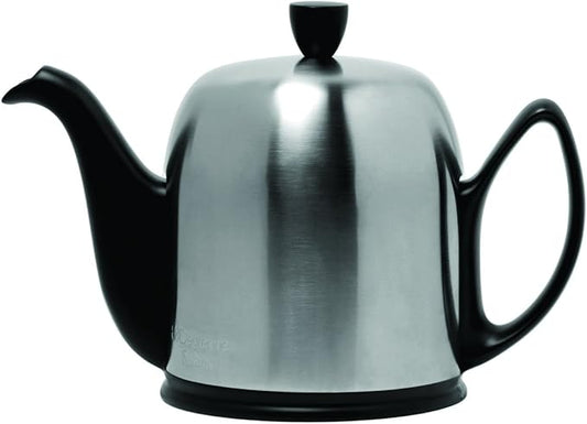 Degrenne Luxury French Tea Pot - Porcelain Teapot with Removeable Aluminum Infuser, Ceramic Tea Kettle for Loose Tea, Stainless Steel Cover, 6 Cup Capacity, 36oz - Stainless Steel - Bloomnest