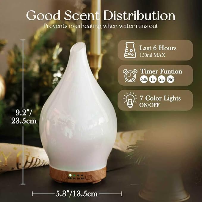 Porseme 150ml Essential Oil Diffuser Glass Color Changing Aroma Air Diffusers Aromatherapy Ultrasonic Cool Mist Humidifier 6 Running Hours Waterless Auto-Off for Sleeping Yoga Office Spa (White Jade) - Bloomnest