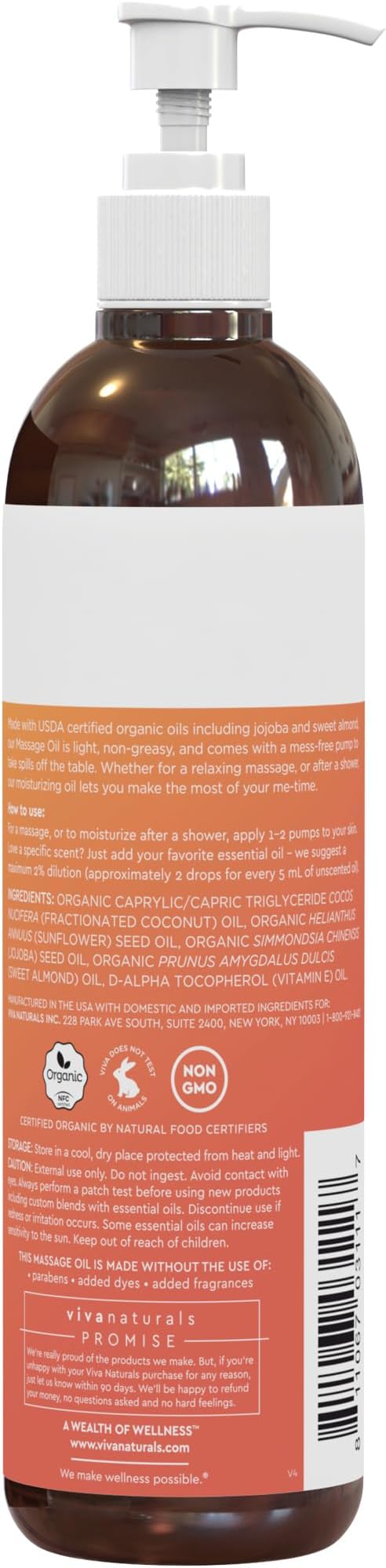 Viva Naturals Organic Massage Oil Unscented (8 fl. oz.) - Non-Greasy Body Oil with Mess-Free Pump, Moisturizing Massage Oils for Massage Therapy, Non-GMO and Certified Organic, 237 mL - Bloomnest