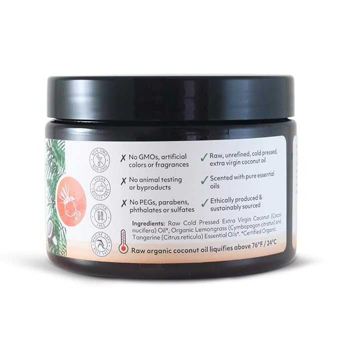 Organic Fiji Raw Cold Pressed Coconut Oil for Hair, Skin, Face & Body | Relaxing Massage Oil | Lemongrass Tangerine,12 oz for Women Men & Baby - Bloomnest