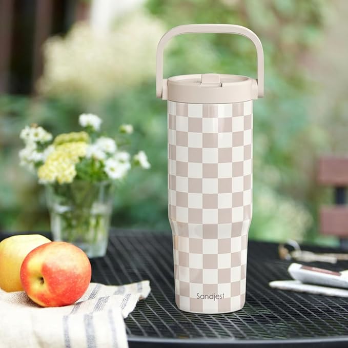 SANDJEST Checker Stainless Steel Straw Lid Tumbler 30oz with Carry Handle for Women Girls, Insulated Travel Coffee Cup, Gift for Sports Outdoor Workout Christmas Birthday - Bloomnest