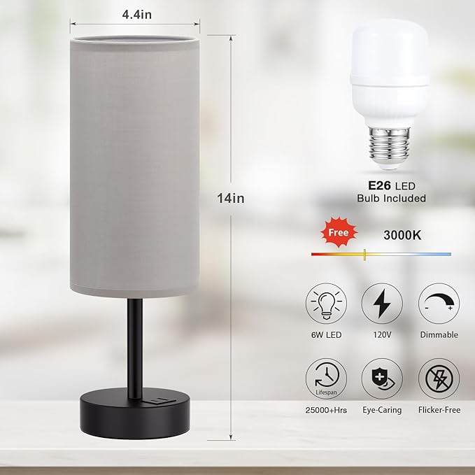 Dicoool Grey Touch Bedside Lamp with USB - 3 Way Dimmable Table Lamp for Bedroom, Nightstand Lamp with Black Charging Station for Desk Dorm, Office, Boy Kids Room, Small - Bloomnest