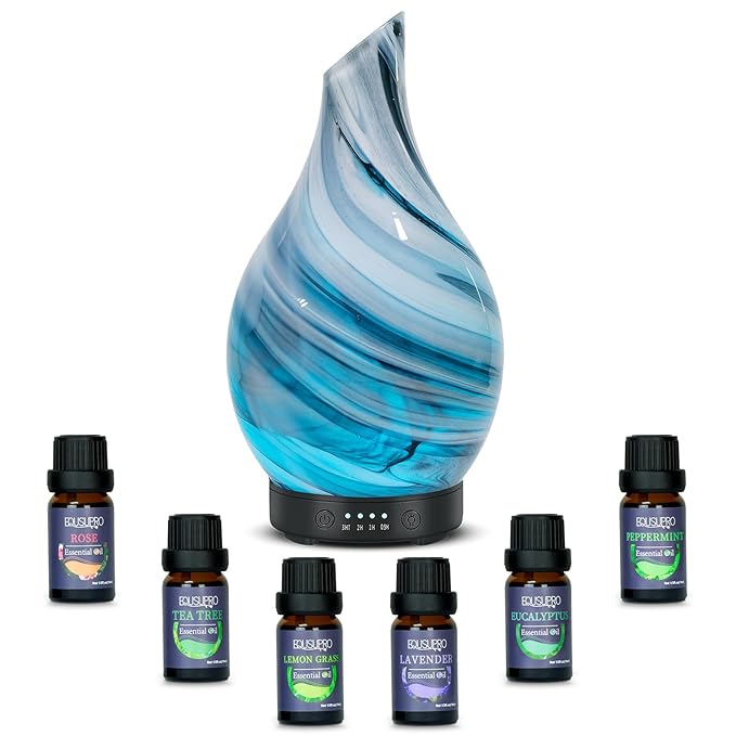Oil Diffuser & Essential Oils Set - Aromatherapy Diffuser with 6 Essential Oils Set, Ultrasonic Cool Mist Oil Diffusers for Essential Oils, 4 Timer & 7 LED Light, with Auto Shut-Off Protection Gifts - Bloomnest