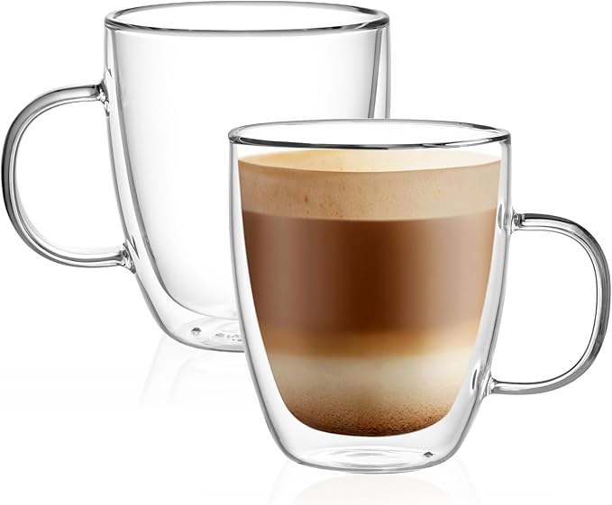 CNGLASS Large Double Wall Glass Coffee Mug 17 oz,Insulated Glass Coffee Cups with Handle,Set of 2 - Bloomnest