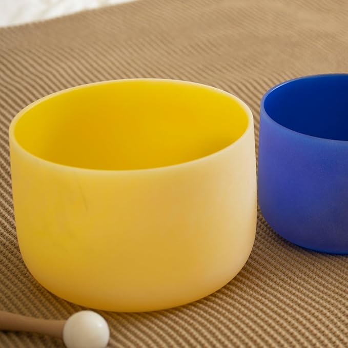 Hye-eun 10 inch E Note 432hz Solar Plexus Chakra Yellow Color Frosted Quartz Crystal Singing Bowl without Carrier Case for Yoga Healing Sound Energy Vibration