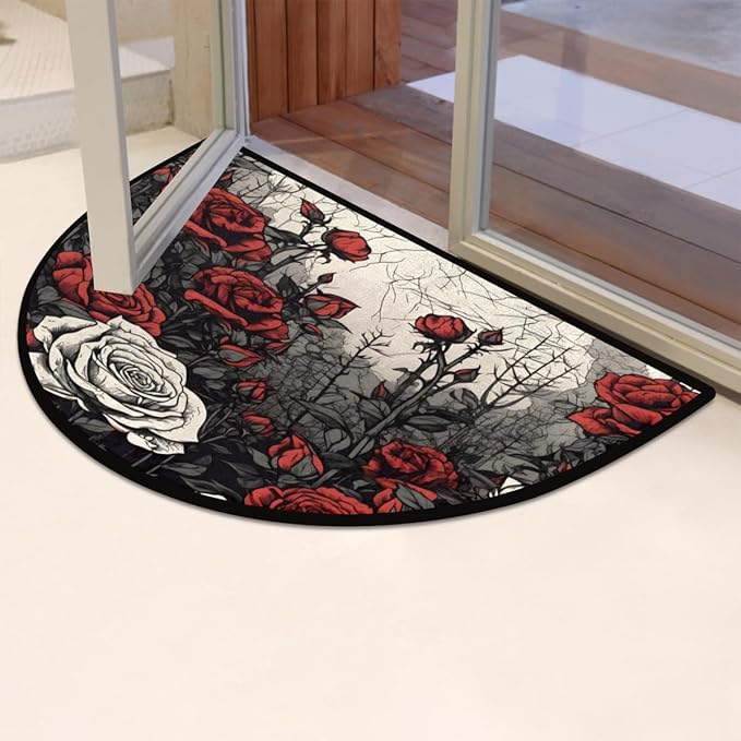 Half Round Door Mat, Vintage Roses Non-Slip Half Circle Area Rug Flowers Art Doormat Washable Durable Home Decor Half Moon Rug for Floor Indoor Outdoor Living Room Bedroom Kitchen Patio - Bloomnest