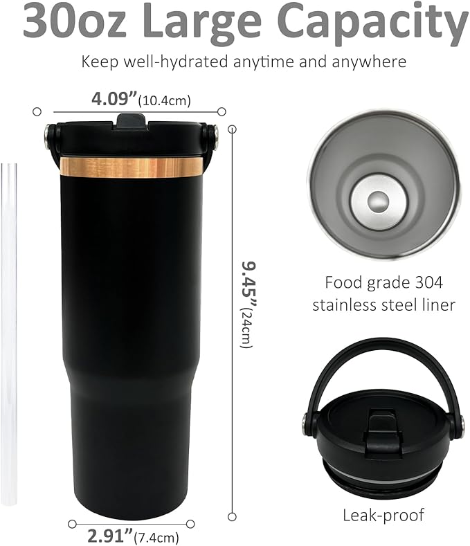 30 oz Tumbler with Handle, Double Wall Vacuum Insulated Tumblers with Flip Straw, Coffee Mug 30oz Powder Coated Cup for Hot and Cold Drinks(Copper Plated, Black,4 pack)