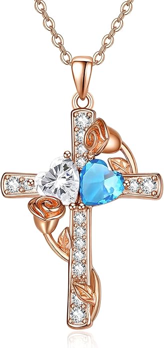 Rose Gold Dual Birthstones Cross Necklace for Women Rose Flower Jewelry Anniversary Christmas Mother's Valentine's Day Birthday Gift for Wife Girlfriend Mom - Bloomnest