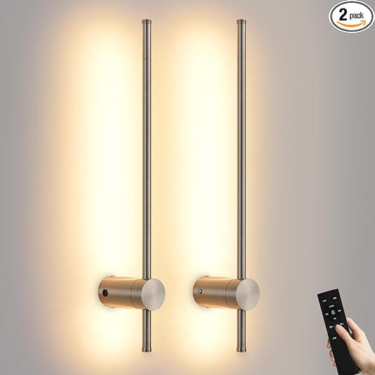 Battery Operated Wall Sconces with Remote, Dimmable 3000K-6000K/Timer/Memory LED Wall Lamp, 350°Rotate, USB Rechargeable Wireless wall lights for Living Room, Bedroom Brushed Nickel 23.6" (2 Pack) - Bloomnest