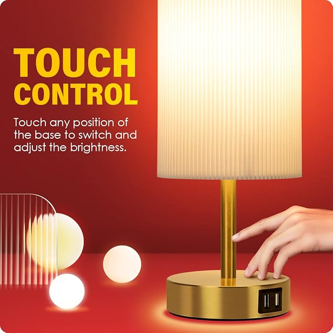 Bedside Lamp with USB port - Touch Control Table Lamp for Bedroom Wood 3 Way Dimmable Nightstand Lamp with Round Pleated Shade for Living Room, Dorm, Home Office (LED Bulb Included) (Pleated) - Bloomnest