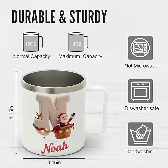 Personalized Christmas Mug | Custom Santa & Reindeer Flight Initial Insulated Coffee Cup with Handle & Lid | 12oz Holiday Tumbler, Cute Stocking Stuffer Gift (B15) - Bloomnest